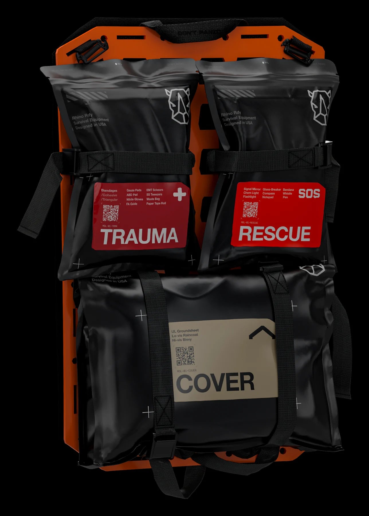 Core-01: Trauma, Rescue and Cover modules strapped to the rigid panel